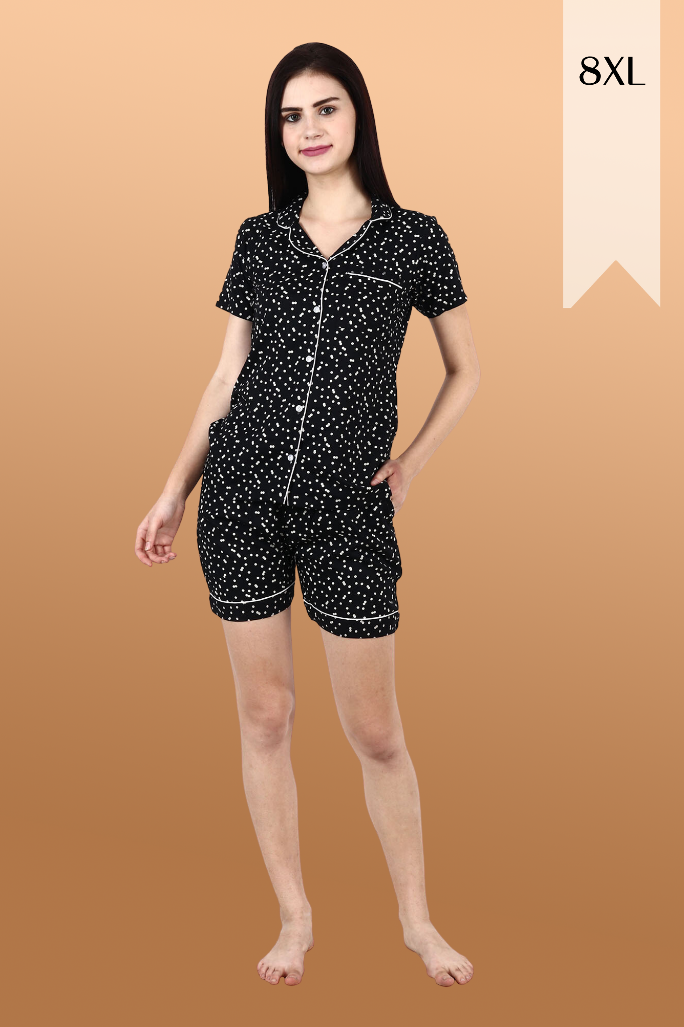 Women Plus Size Black Polka Rayon Night Shorts Suit