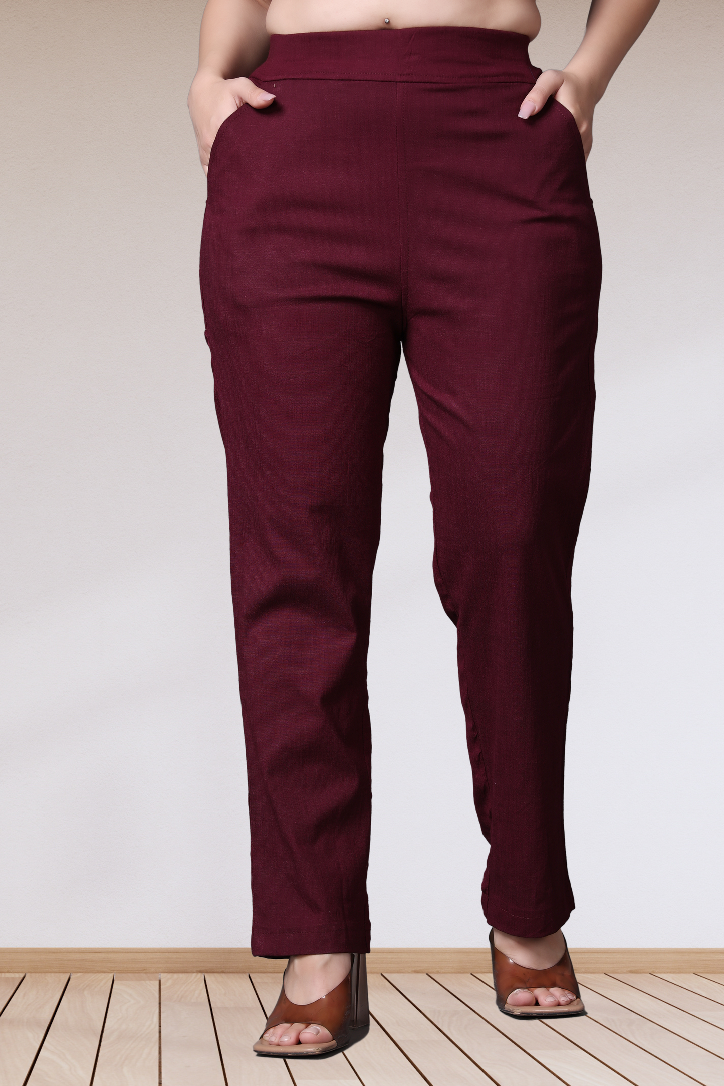 Wine Lycra Slub Pants