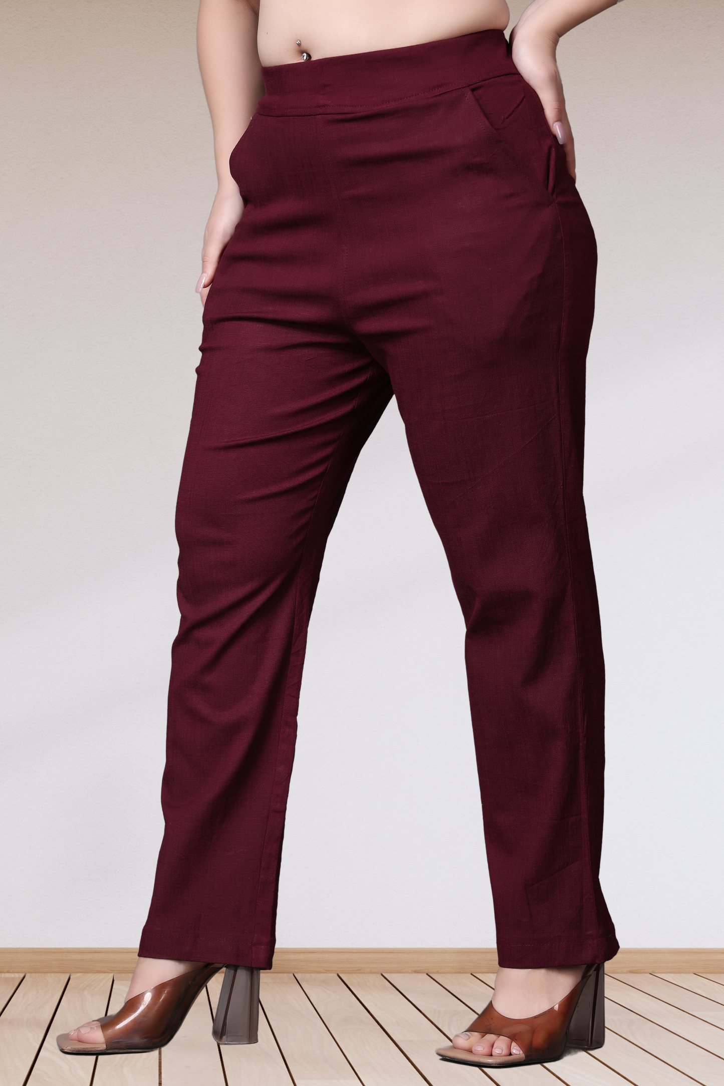 Wine Lycra Slub Pants