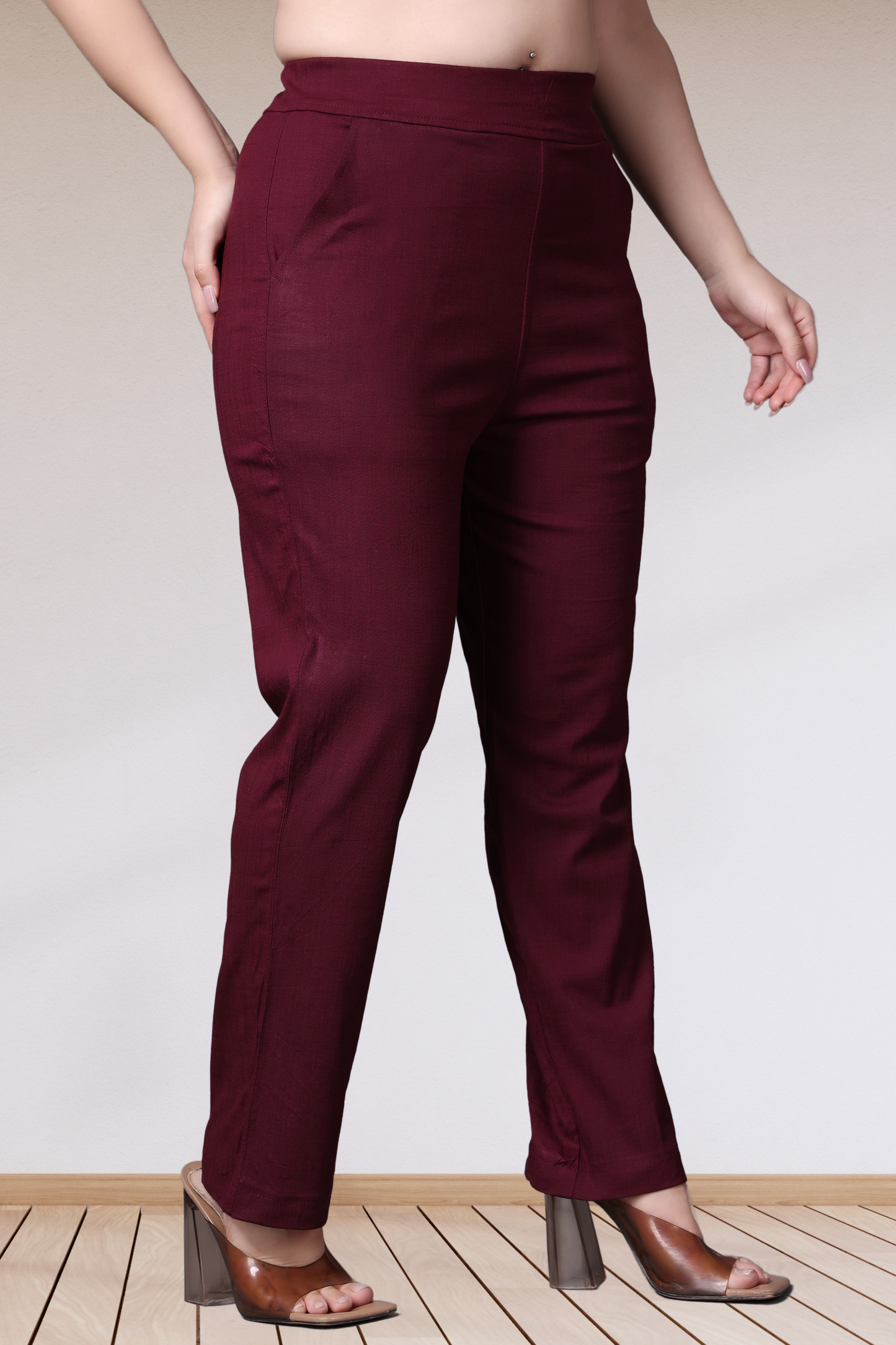 Wine Lycra Slub Pants