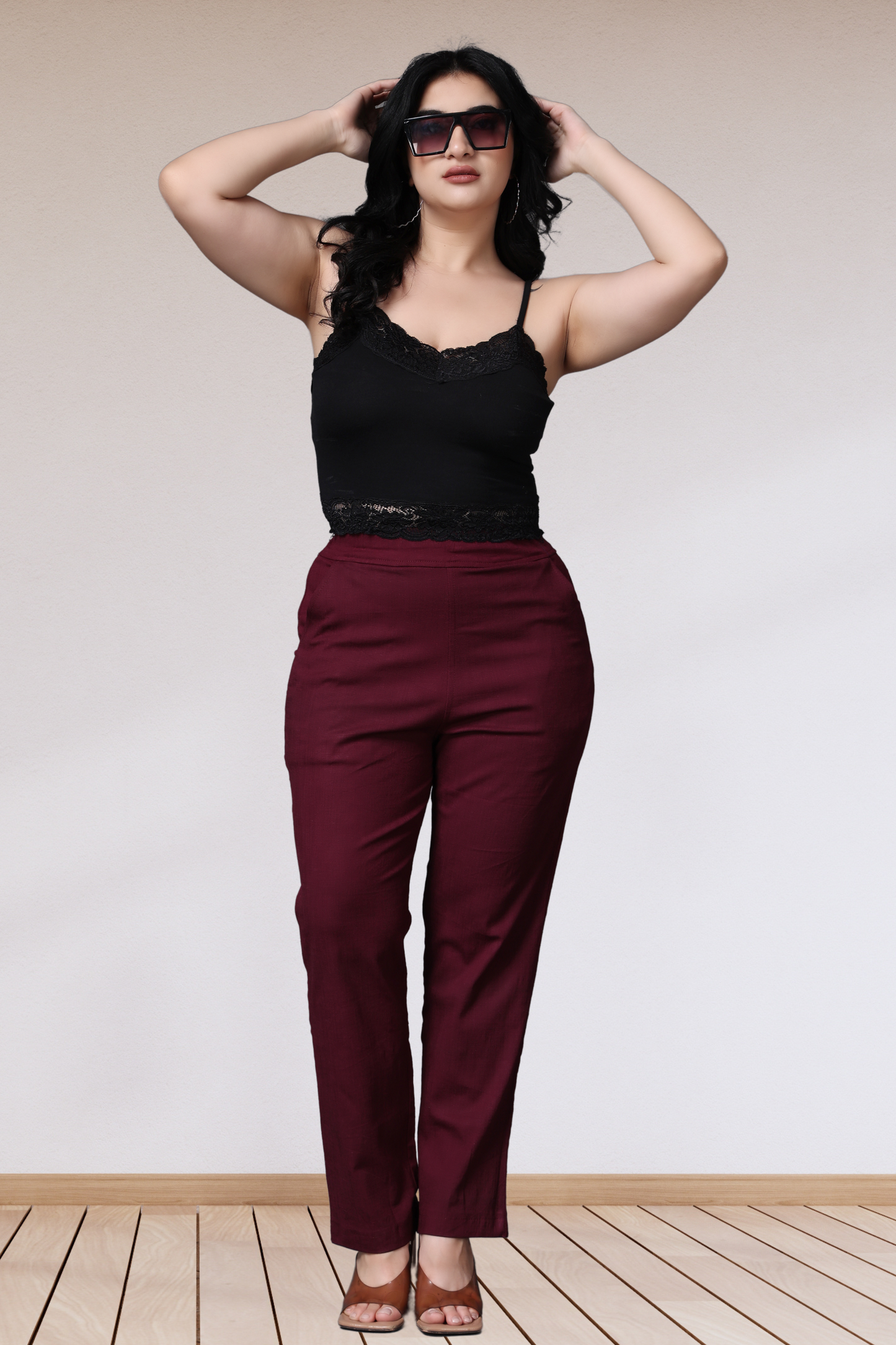 Wine Lycra Slub Pants