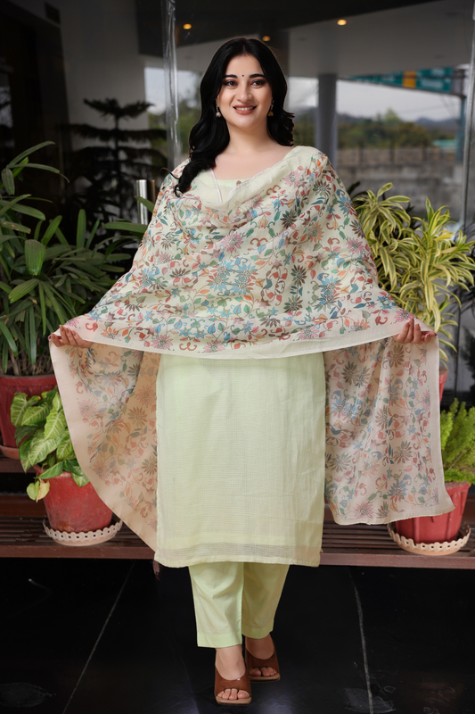 Plain Suit With Printed Dupatta