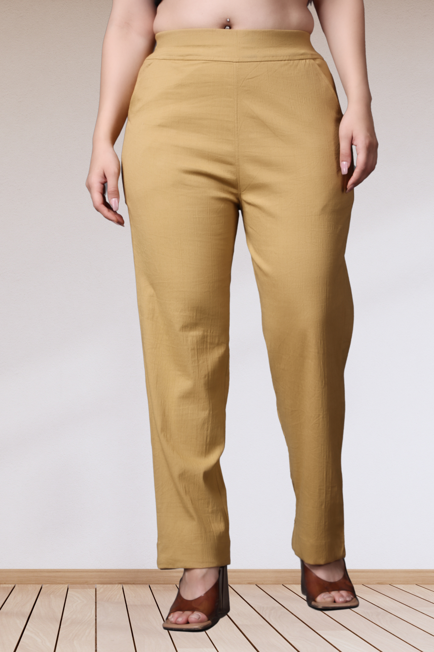 Beige Lycra Slub Pants