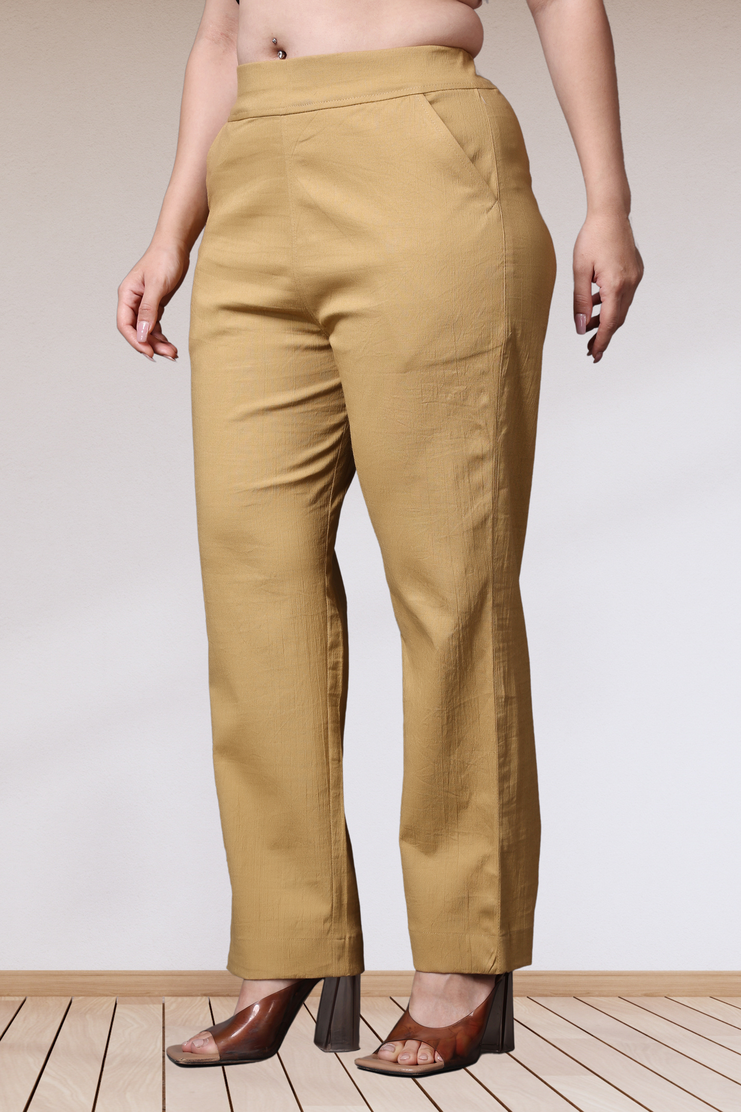 Beige Lycra Slub Pants