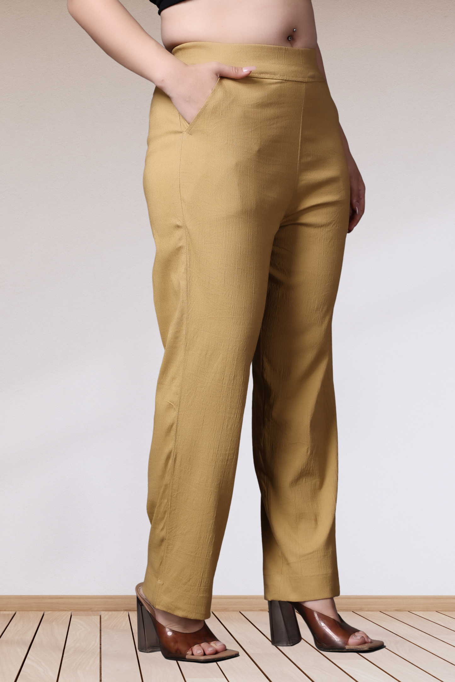 Beige Lycra Slub Pants