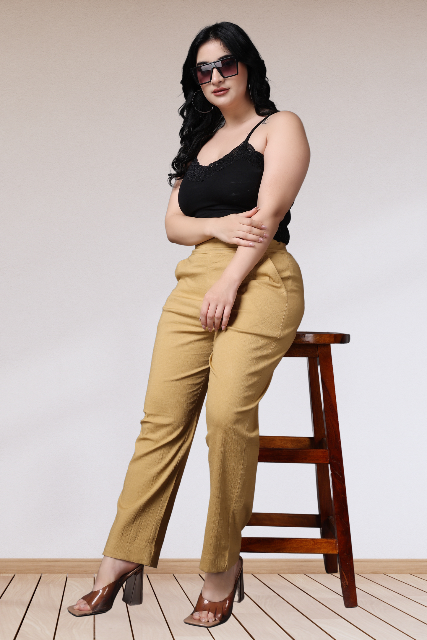 Beige Lycra Slub Pants