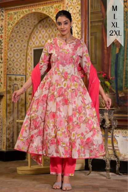 Peachy Olive Floral Anarkali Set