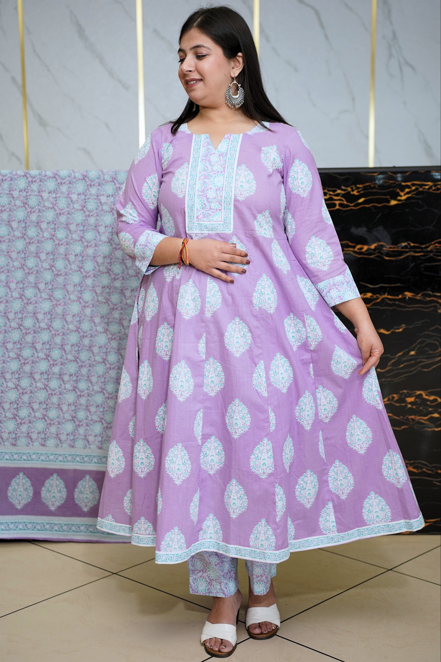 Soft Lilac Block Printed Anarkali Set