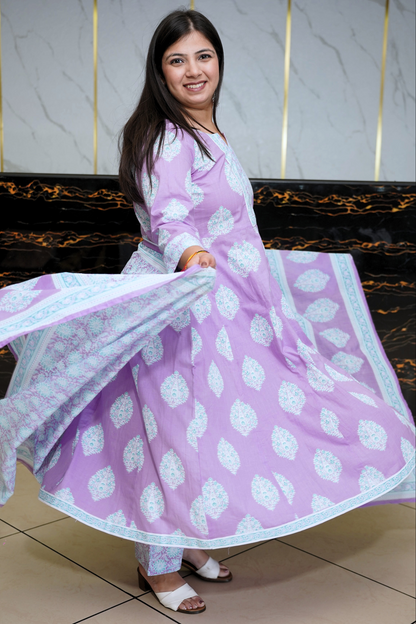 Soft Lilac Block Printed Anarkali Set