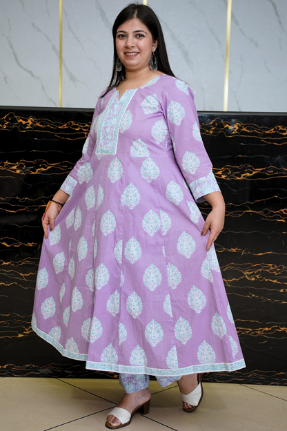 Soft Lilac Block Printed Anarkali Set