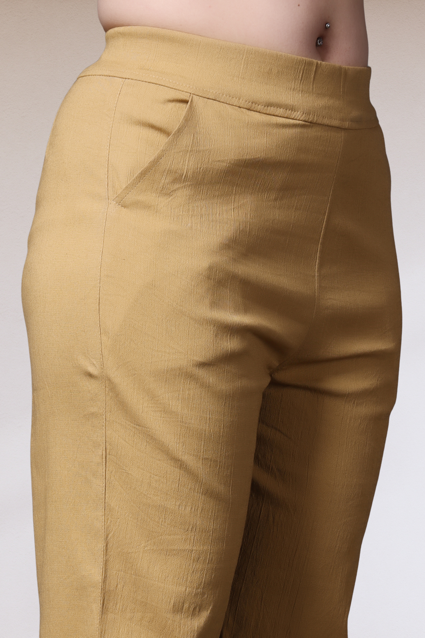 Beige Lycra Slub Pants