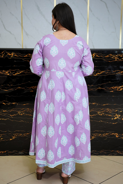 Soft Lilac Block Printed Anarkali Set