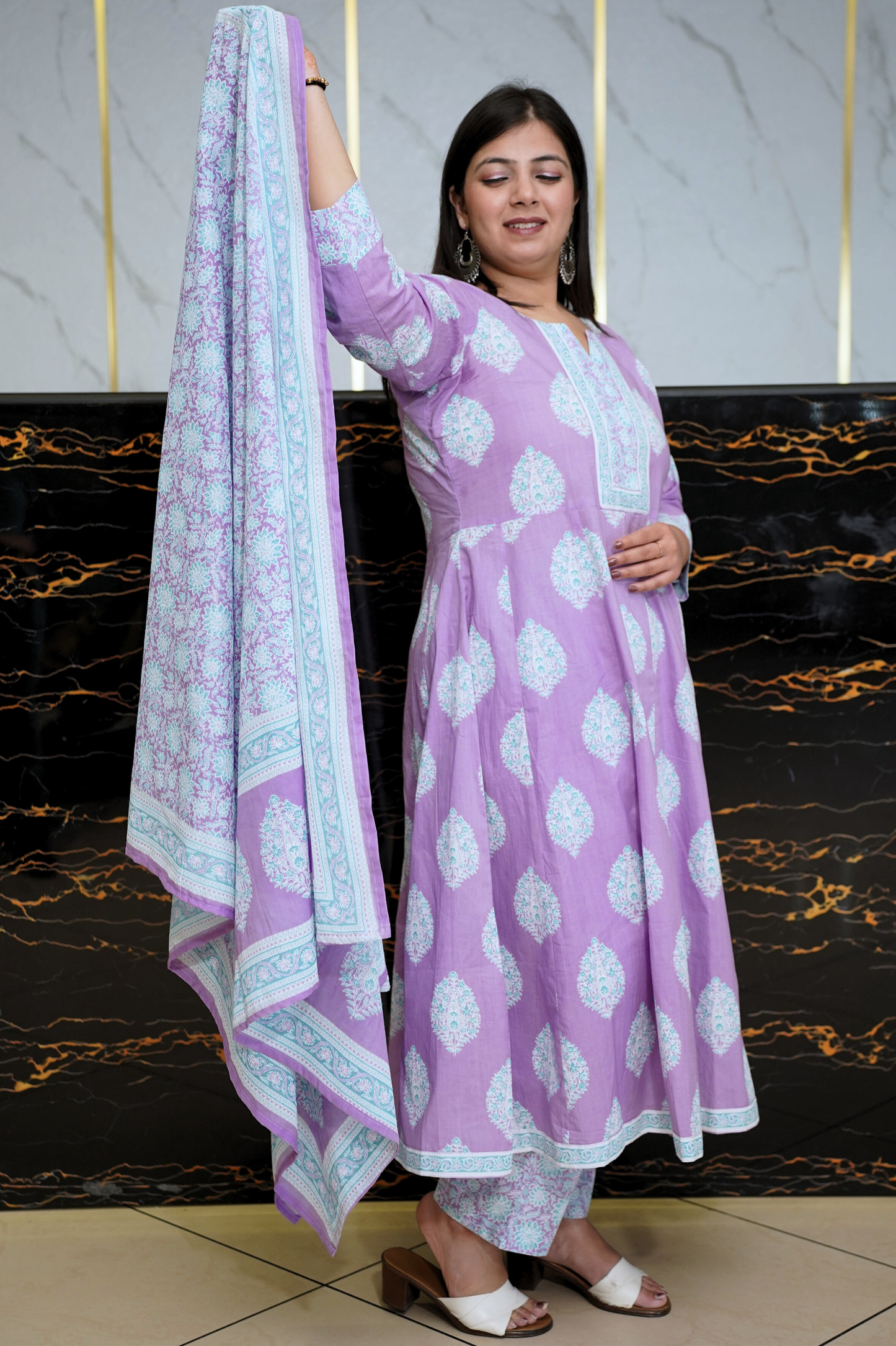 Soft Lilac Block Printed Anarkali Set