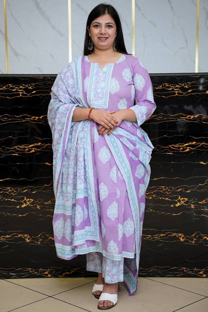 Soft Lilac Block Printed Anarkali Set