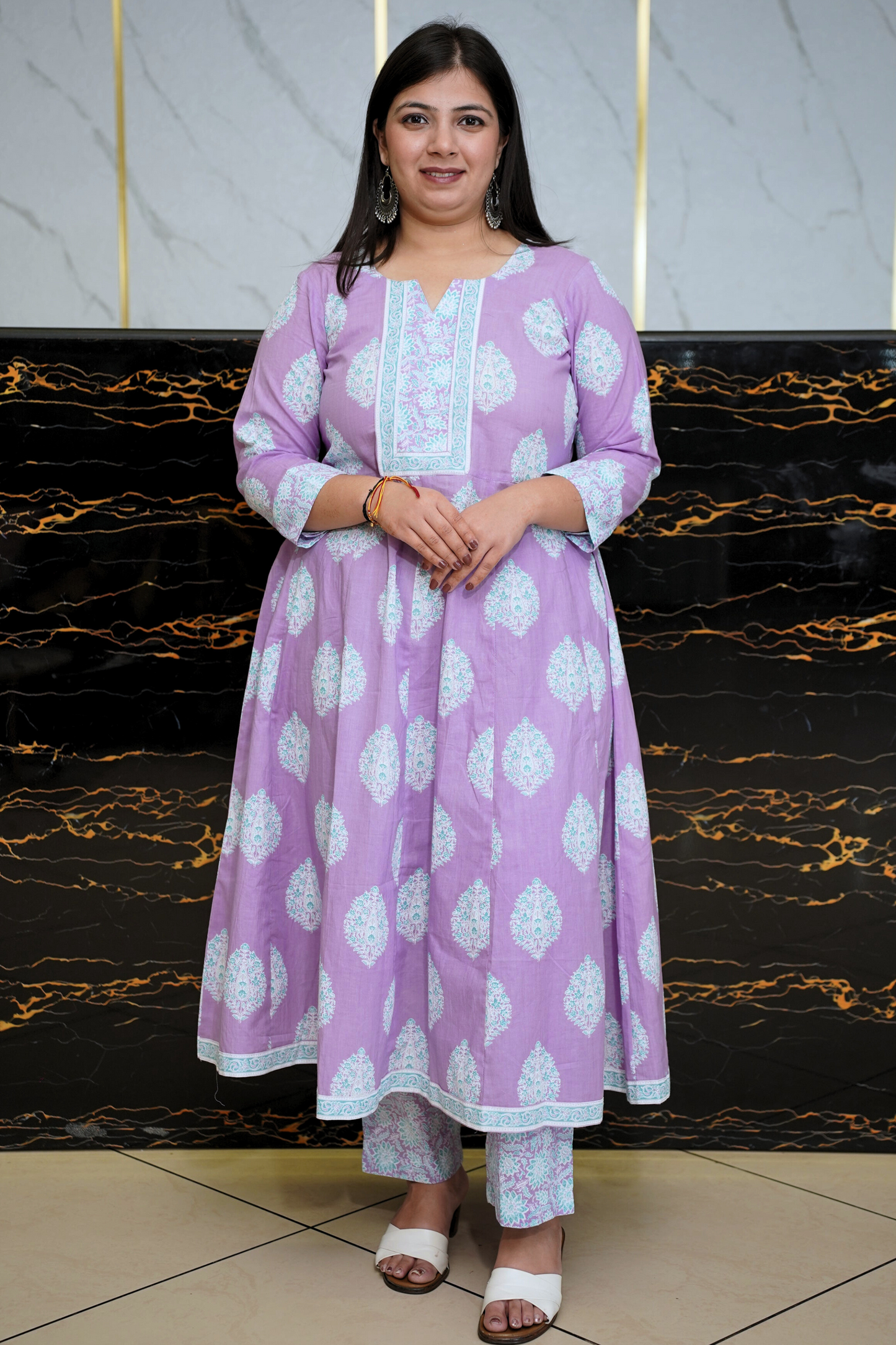 Soft Lilac Block Printed Anarkali Set