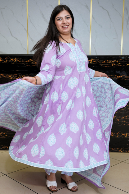 Soft Lilac Block Printed Anarkali Set