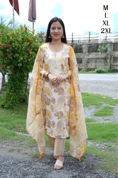 Beige Yellow Floral Suit Set