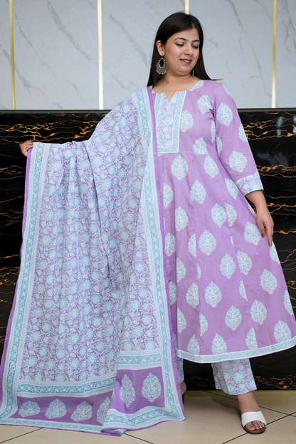 Soft Lilac Block Printed Anarkali Set