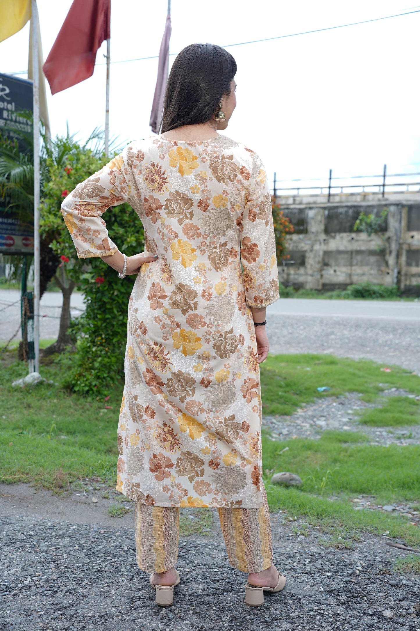 Beige Yellow Floral Suit Set