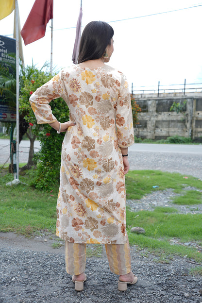 Beige Yellow Floral Suit Set