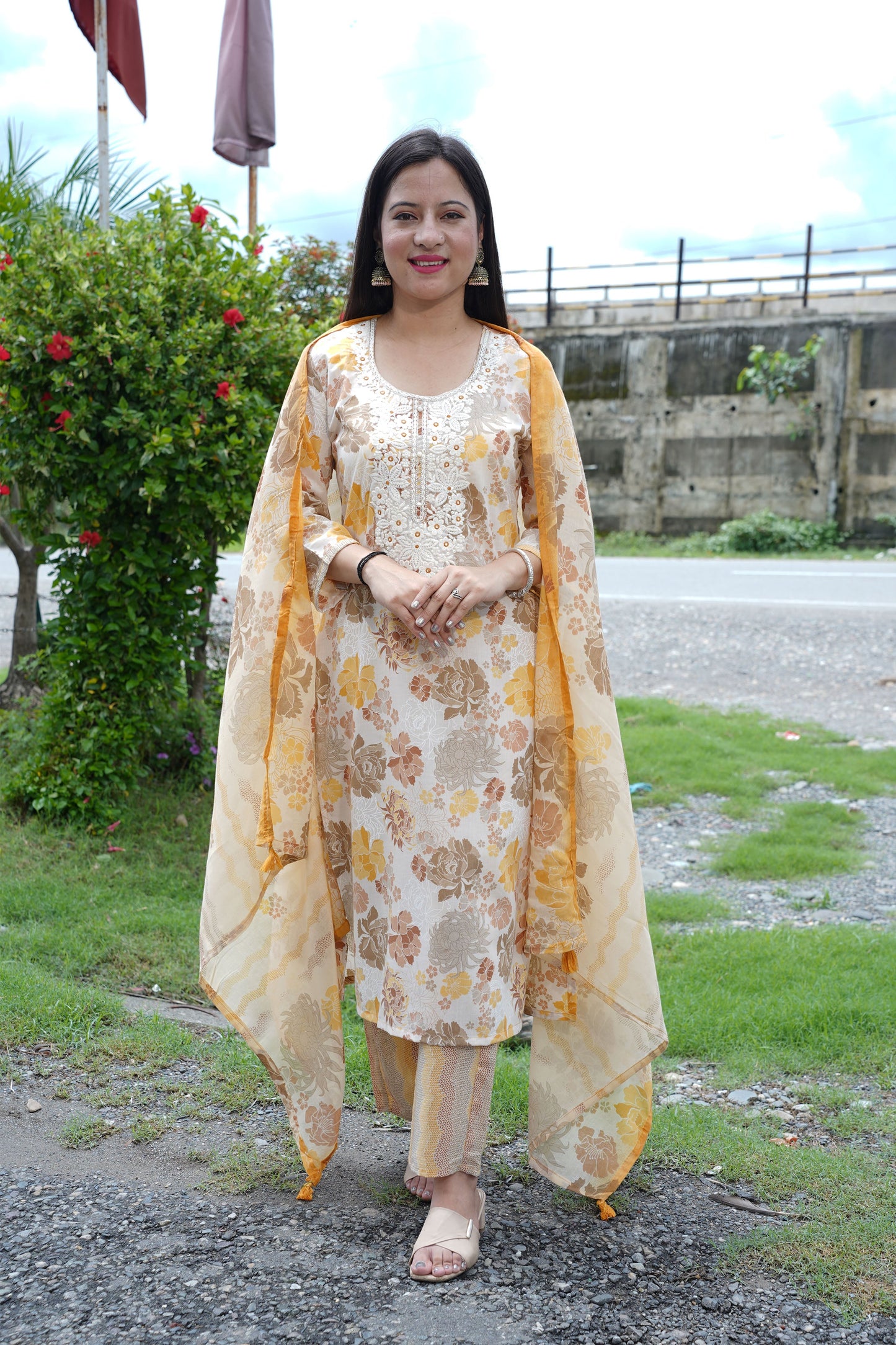 Beige Yellow Floral Suit Set