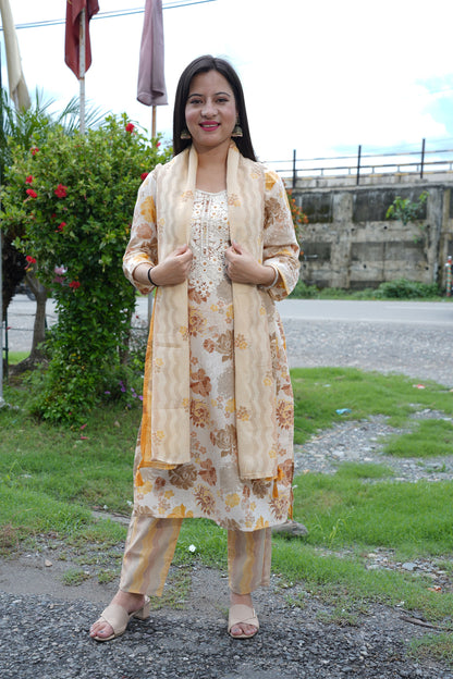 Beige Yellow Floral Suit Set