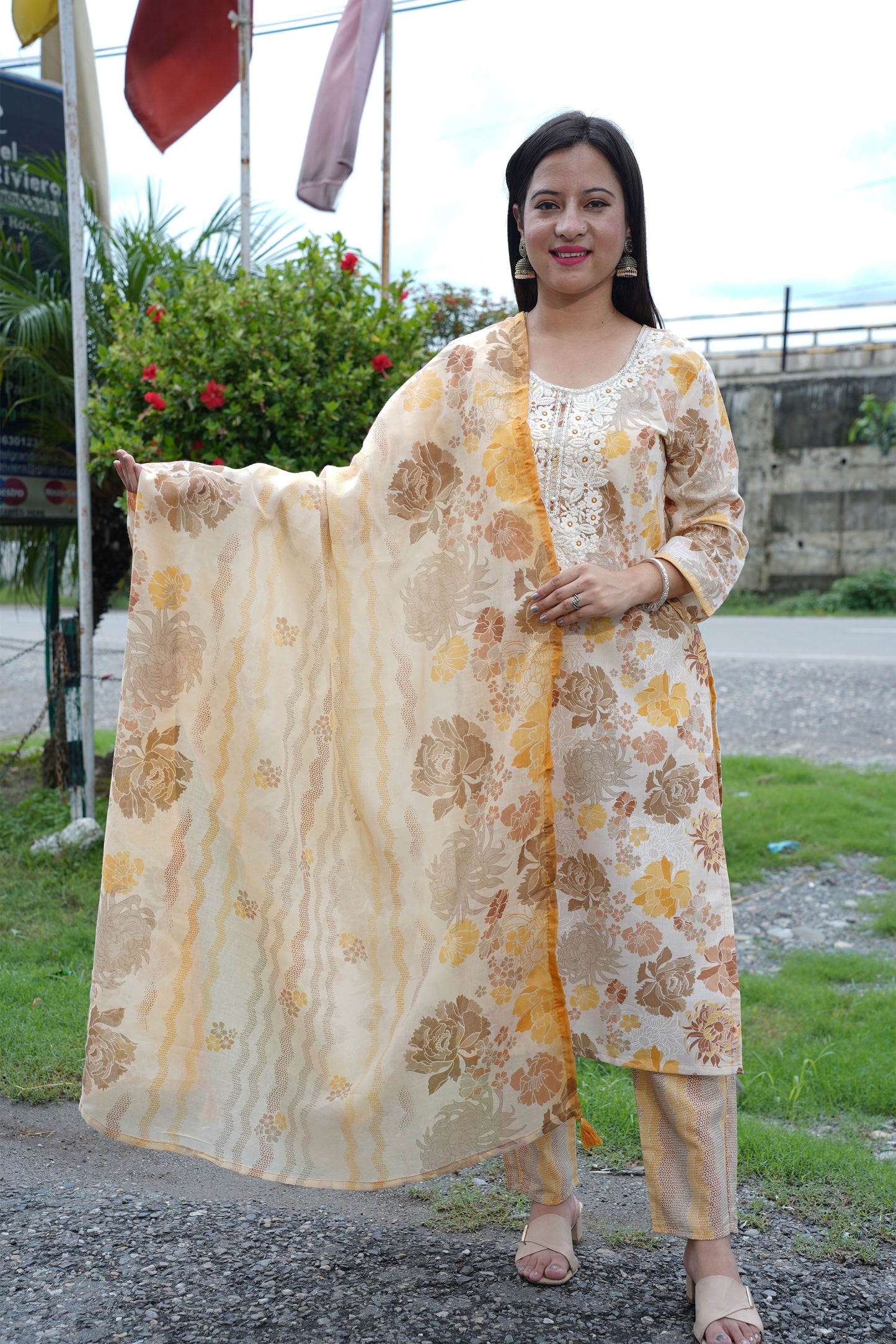 Beige Yellow Floral Suit Set