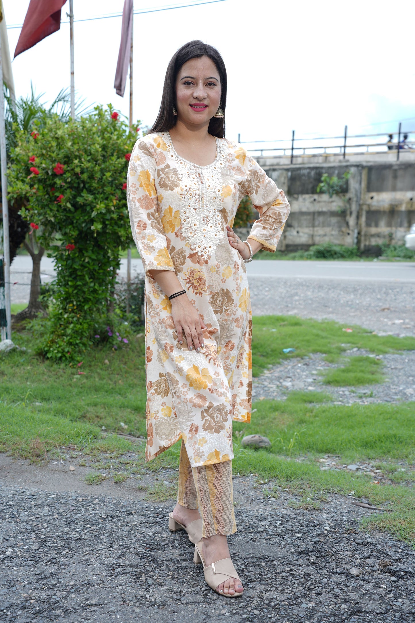 Beige Yellow Floral Suit Set