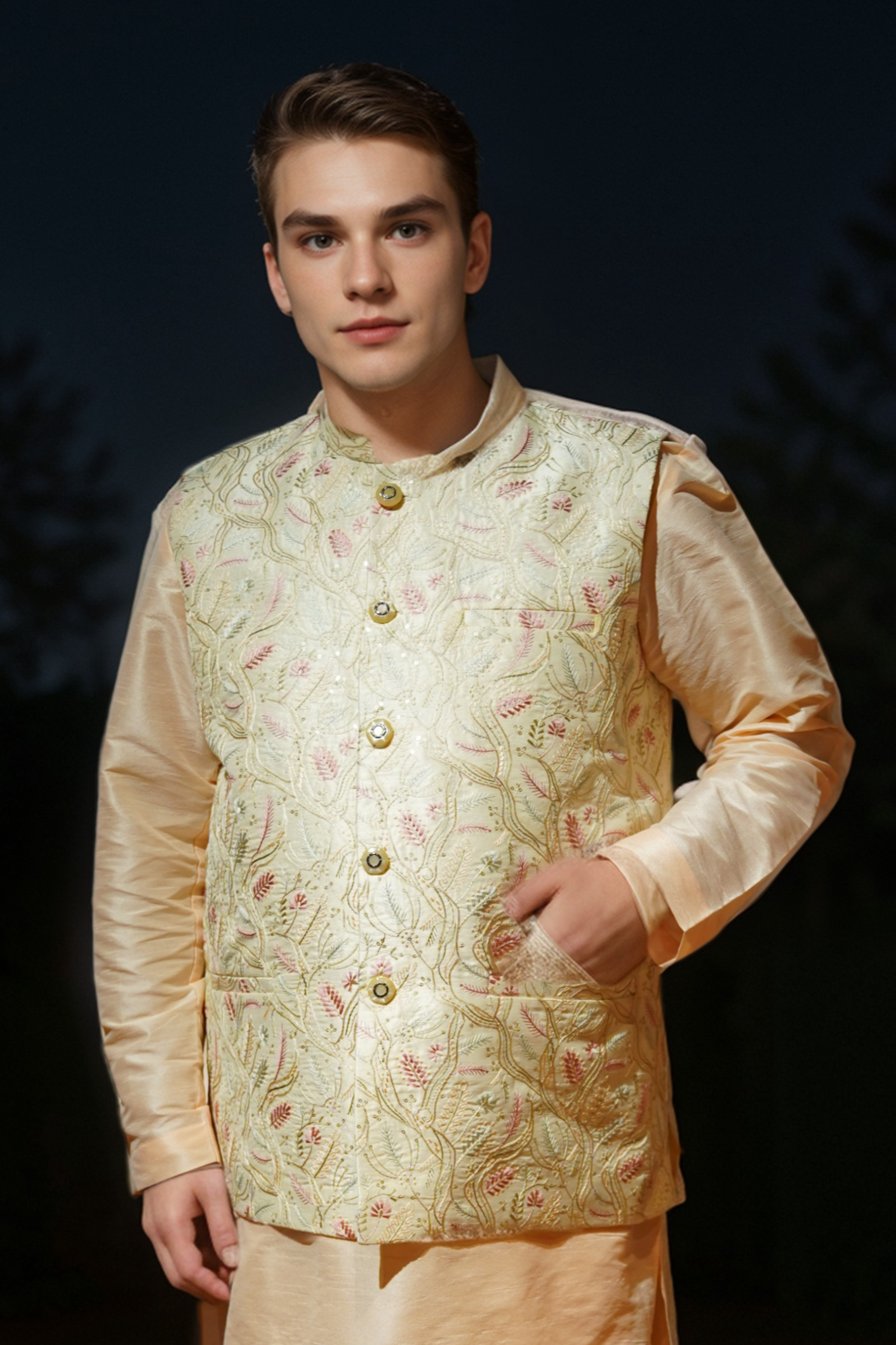 Ivory Apricot Kurta Jacket Set