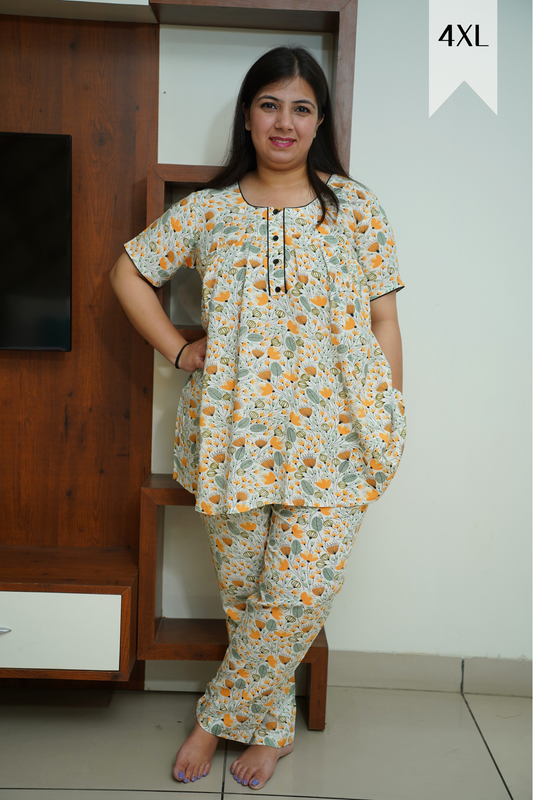 Ivory Floral Rayon Night Suit