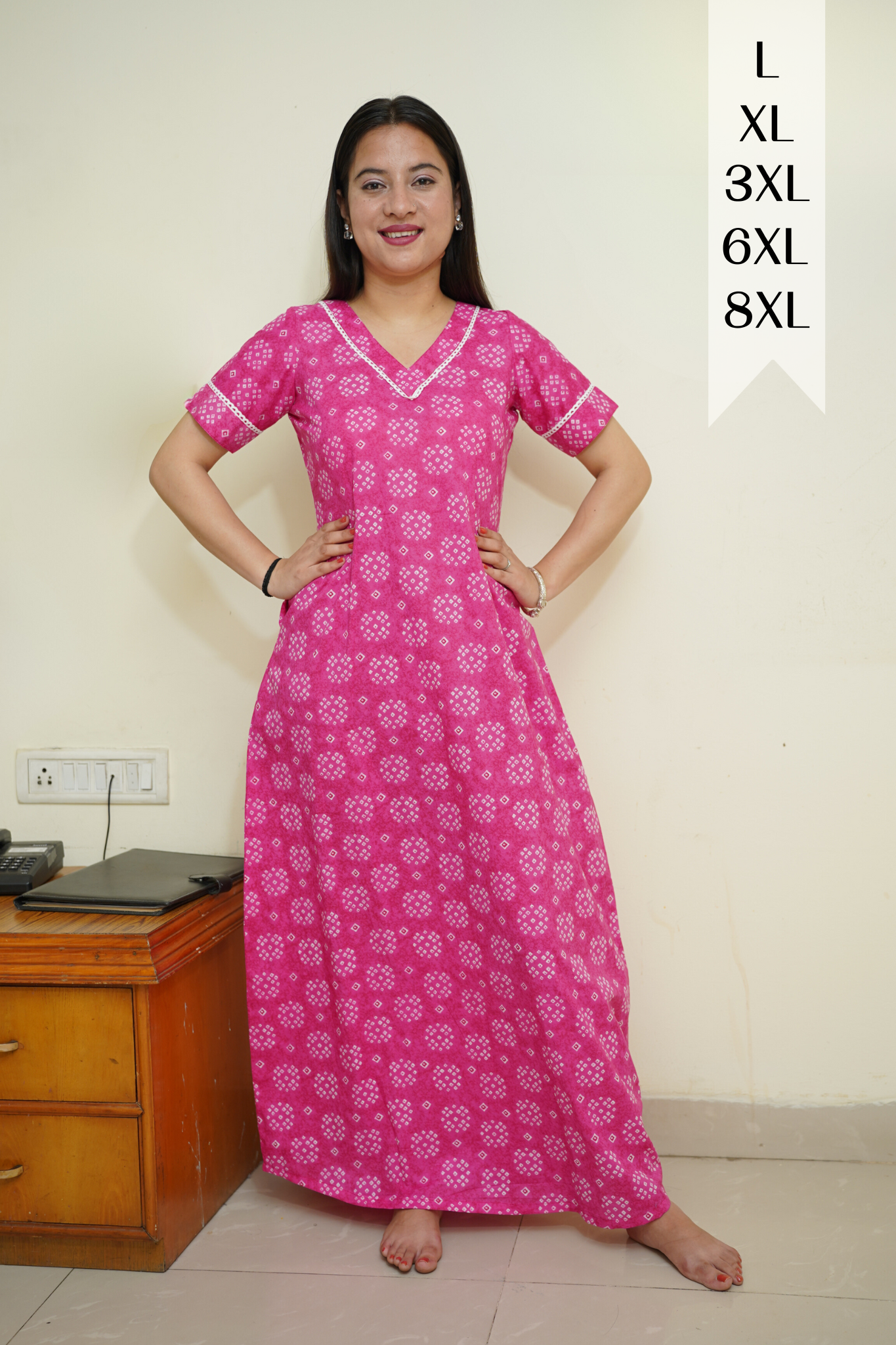 Pink Cotton Bandhej Night Gown