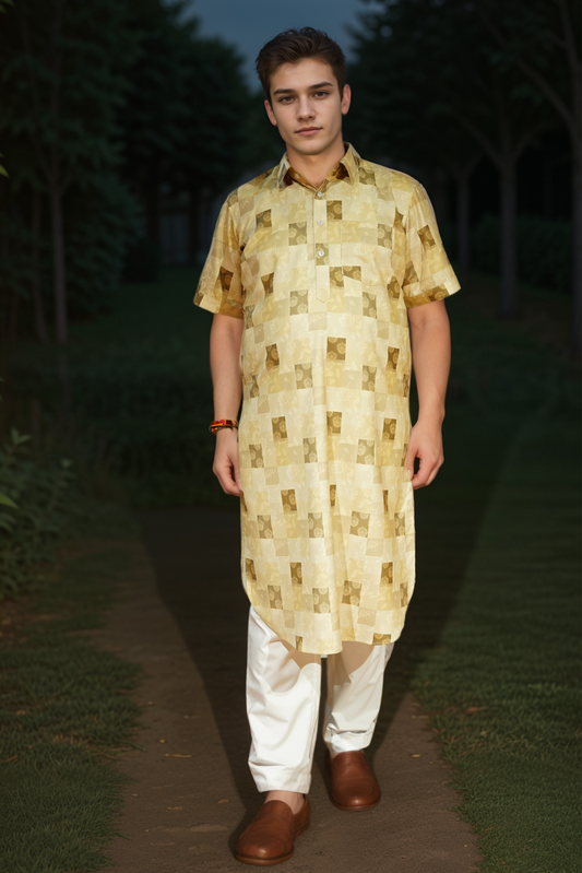 Creamy Lemon Printed Kurta Pajama