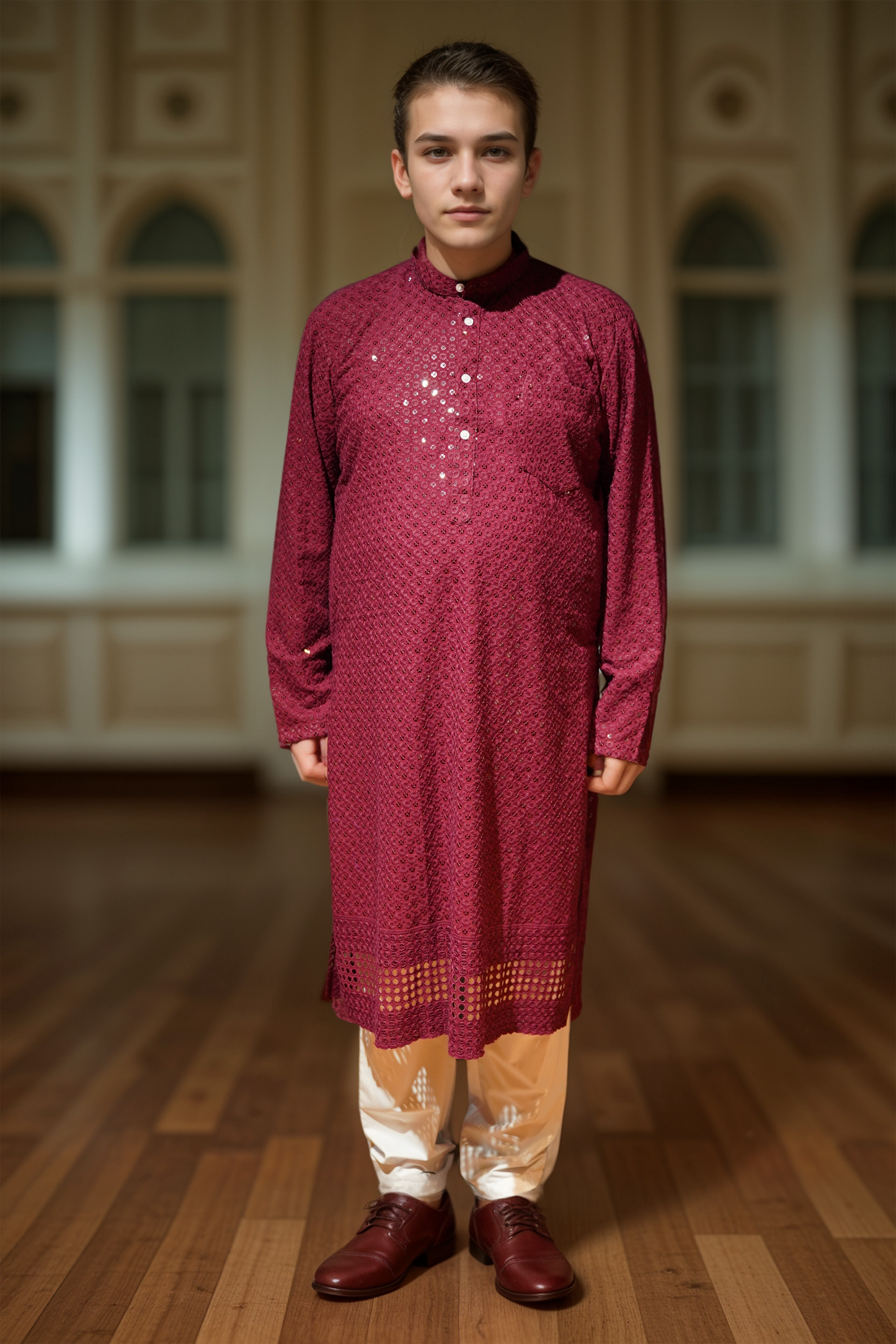 Festive Maroon Sequined Kurta Pajama