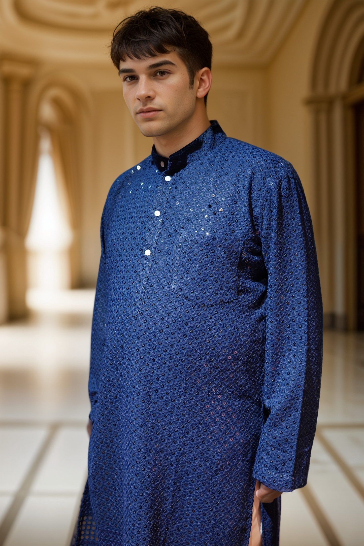 Gleaming Blue Sequined Kurta Pajama