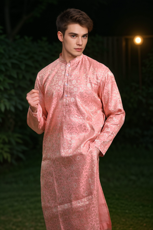 Peach Luster Brocade Kurta Pajama