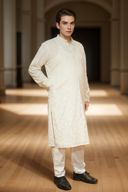 Timeless White Chikan Kurta Pajama