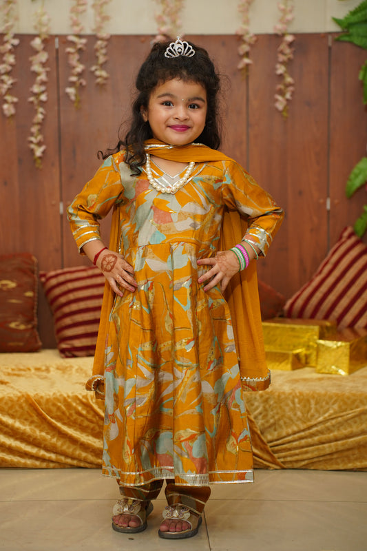 Olive Gold Girls Anarkali Set