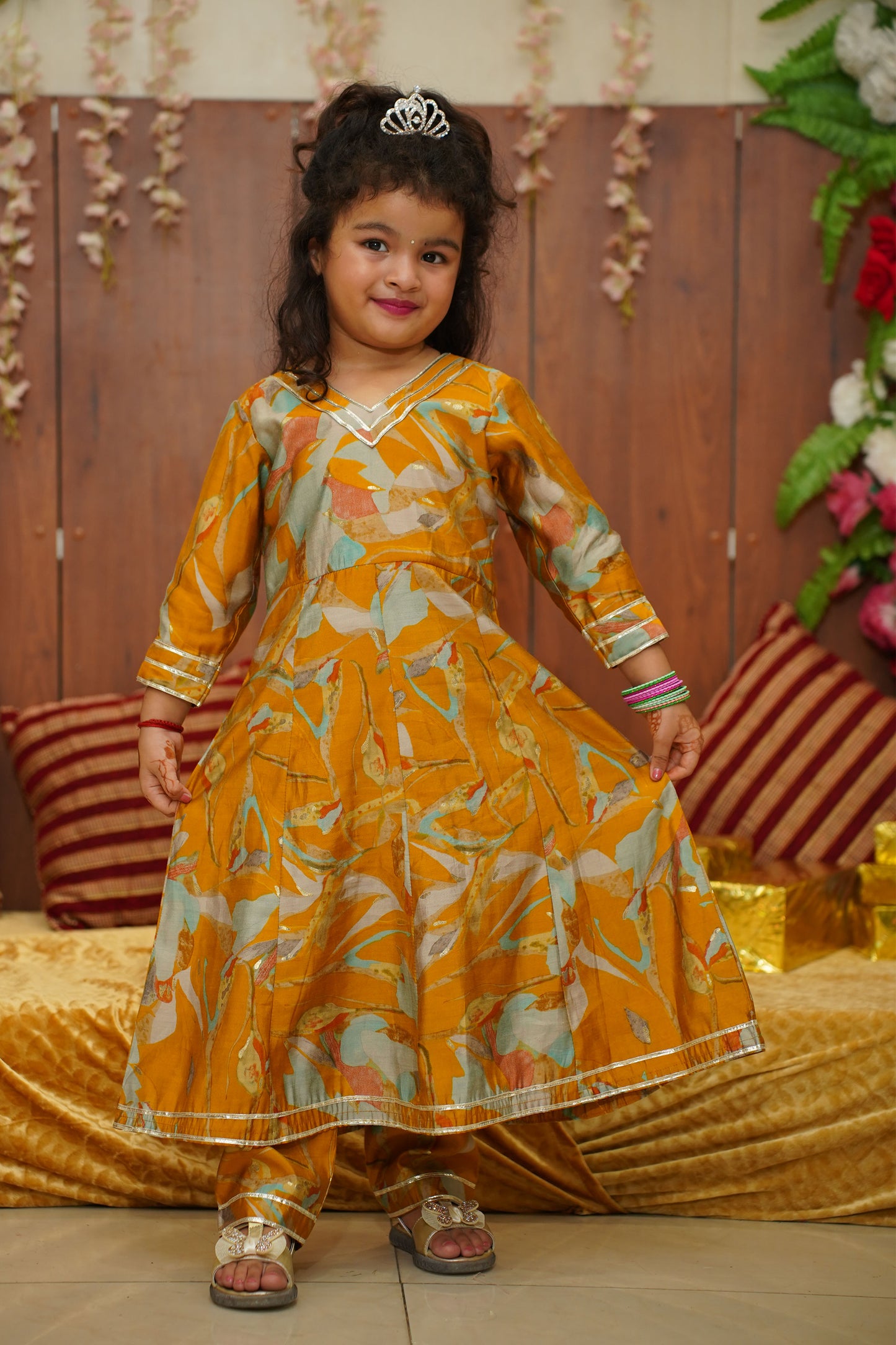 Olive Gold Girls Anarkali Set