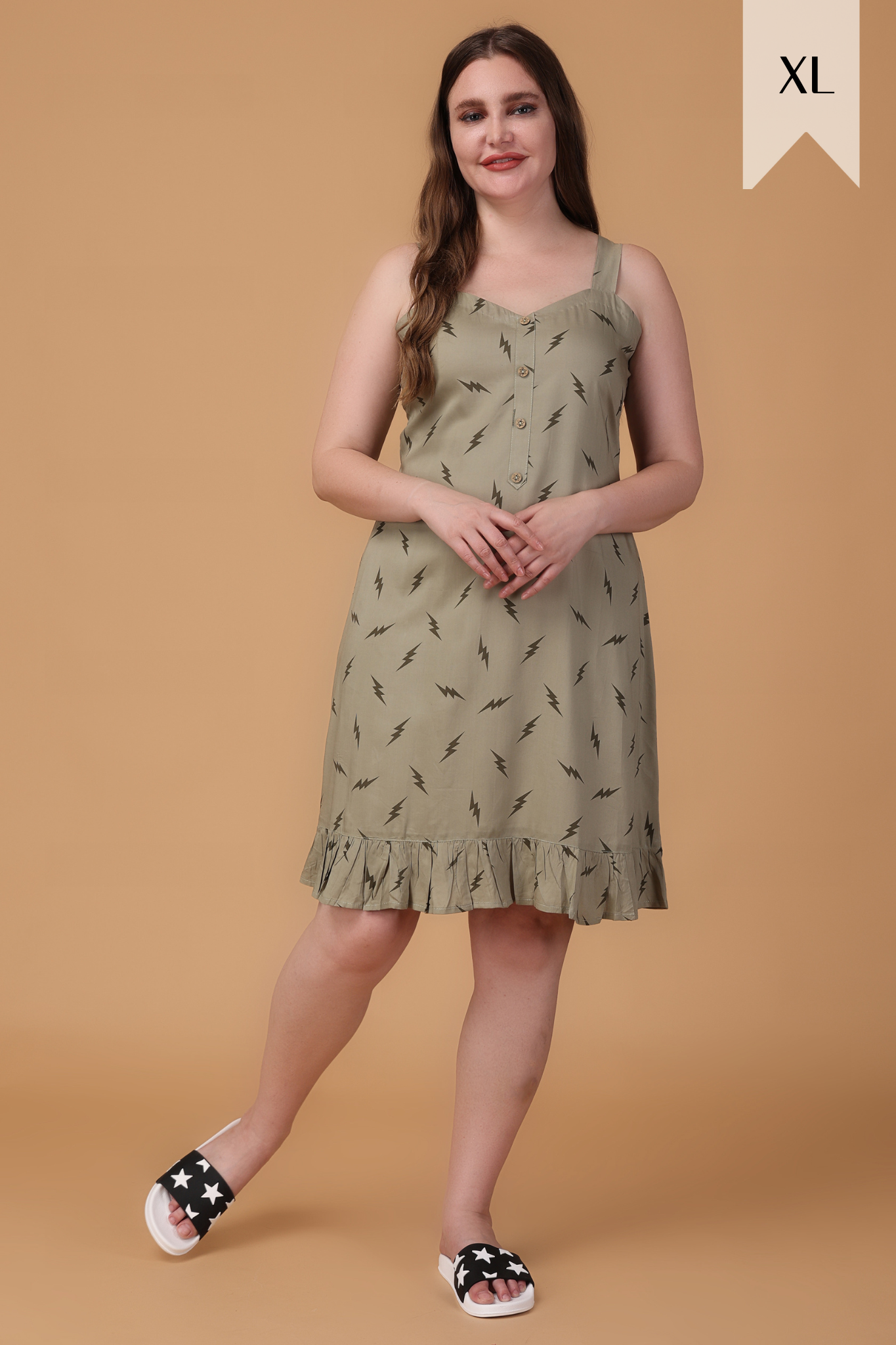 Olive Frilled Printed Short Nighty