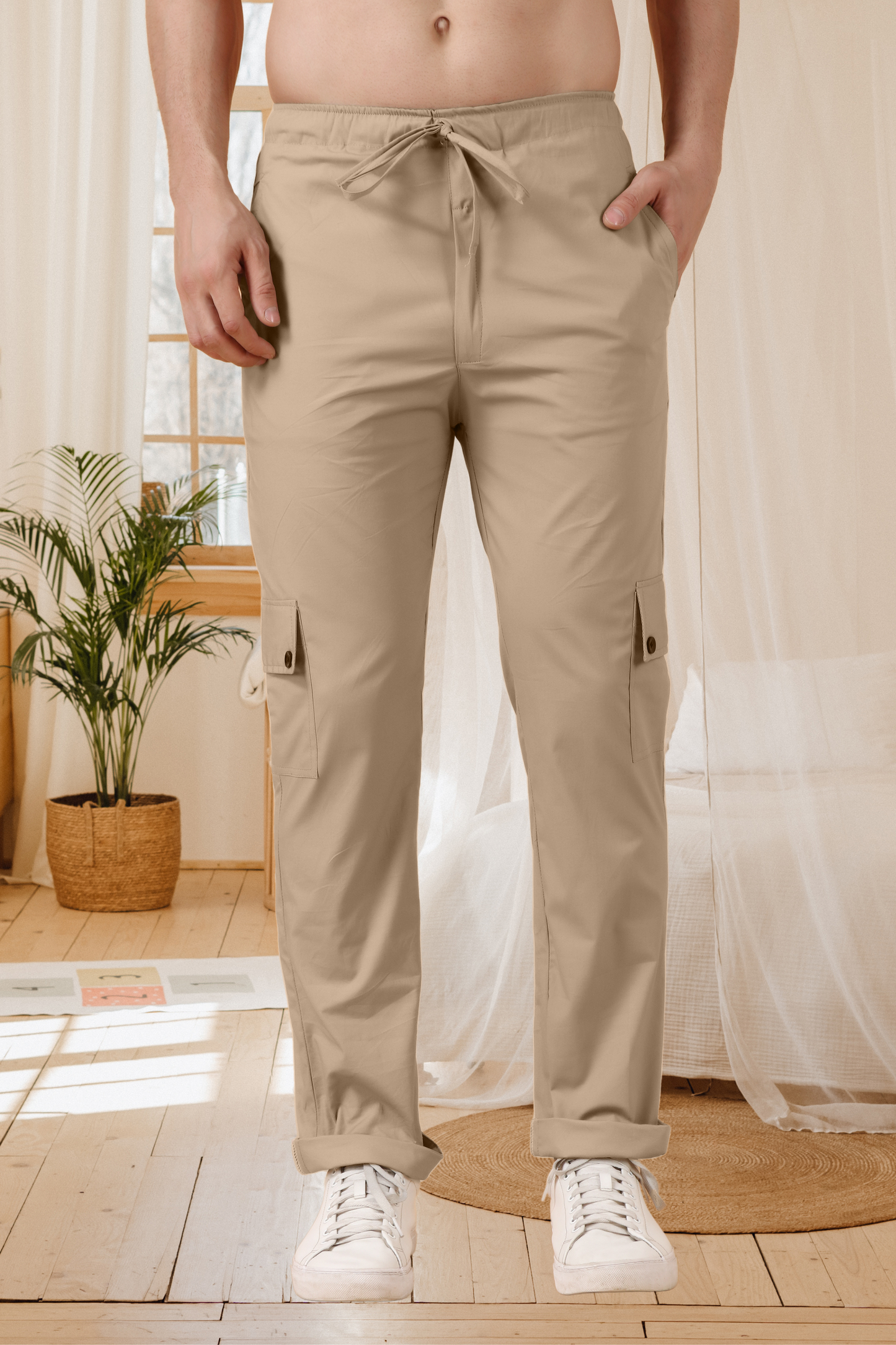 Creamy Beige Stretch Cargo Pants