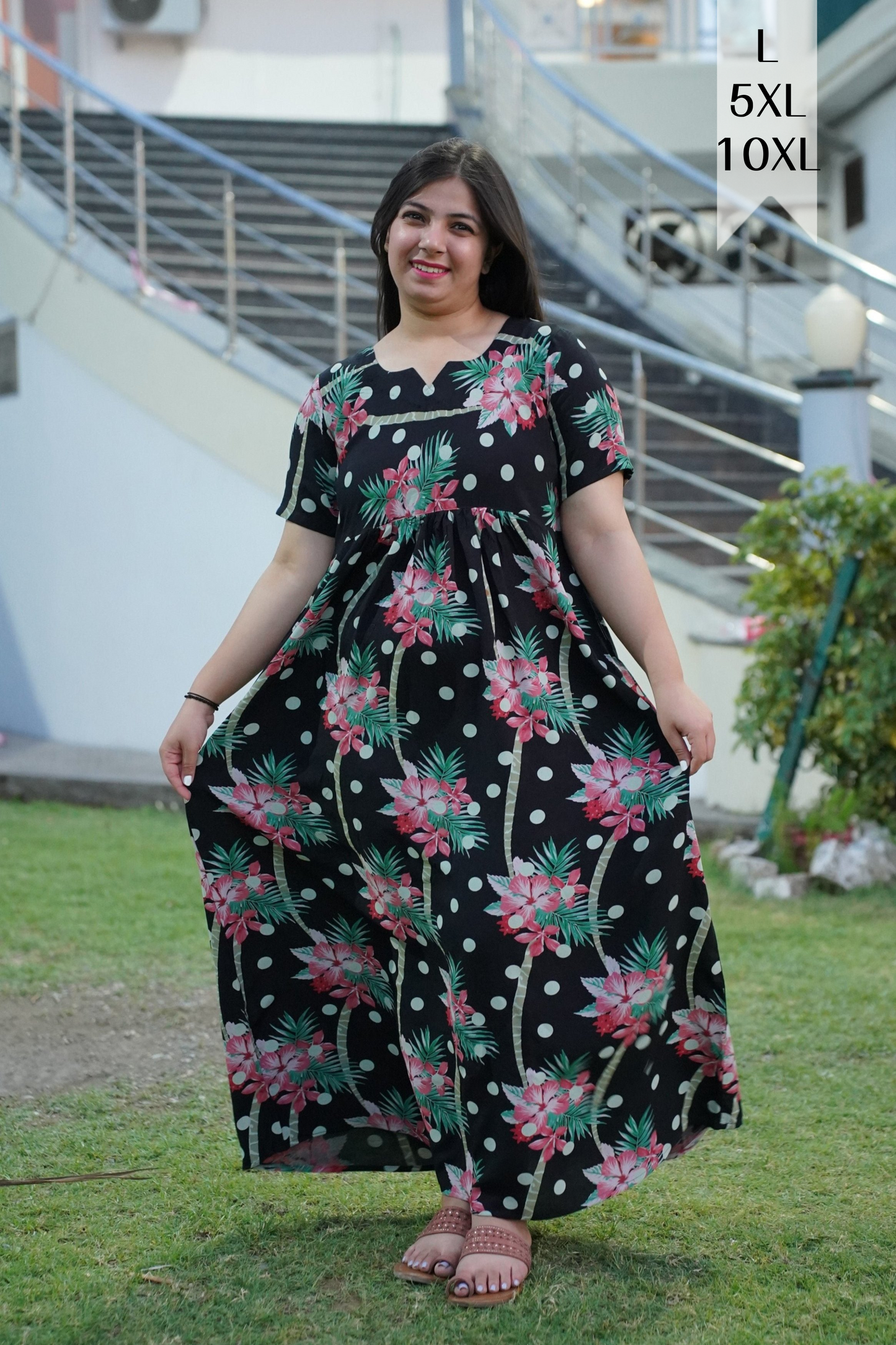 Black Polka Floral Night Gown