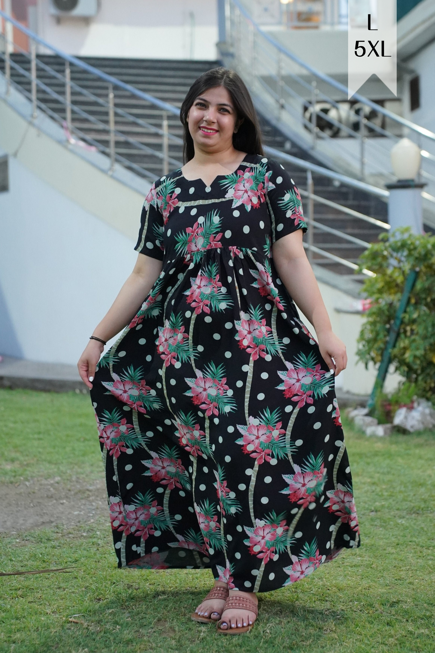 Black Polka Floral Night Gown