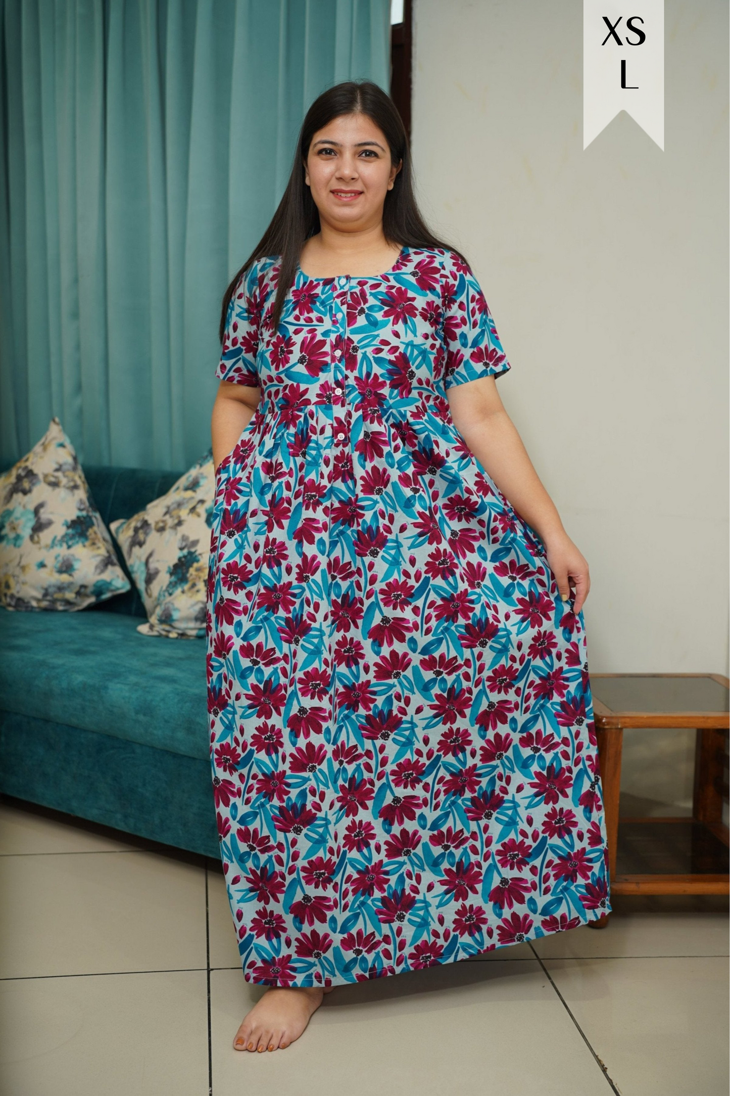 Vibrant Blue Cotton Night Gown