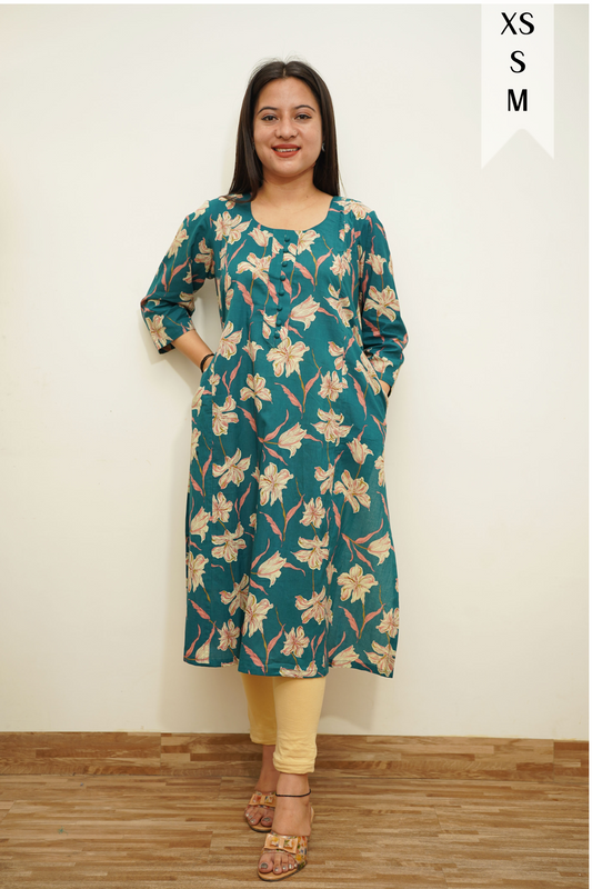 Peacock Floral A-Line Cotton Kurta