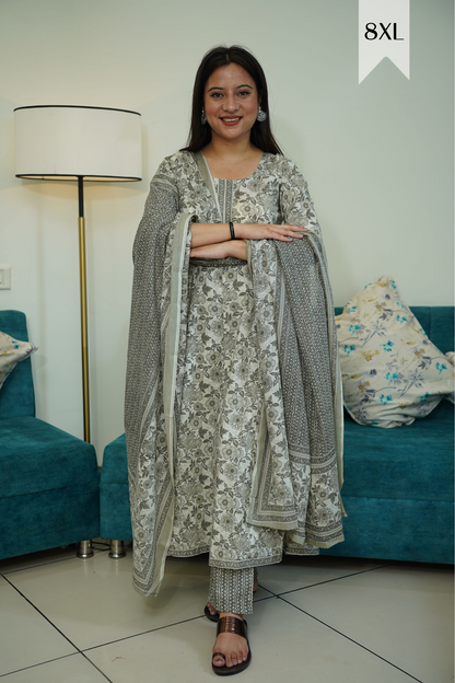 Smoky Grey Printed Anarkali Set