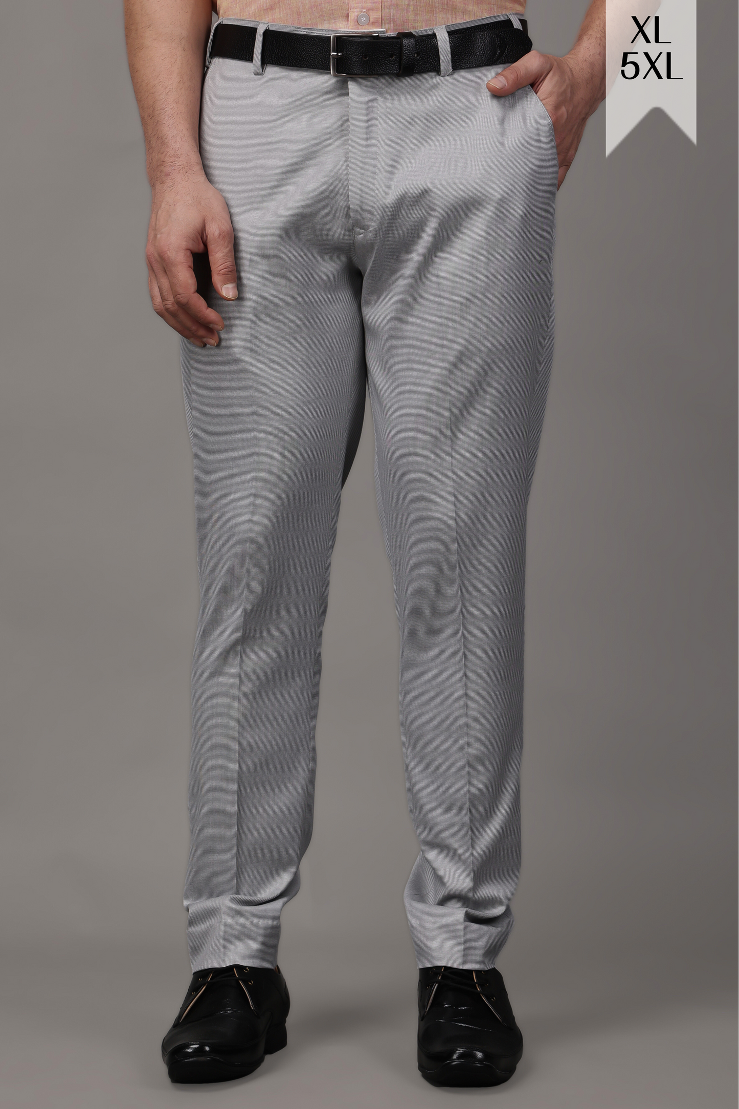 Solid Grey Stretch Textured Trousers