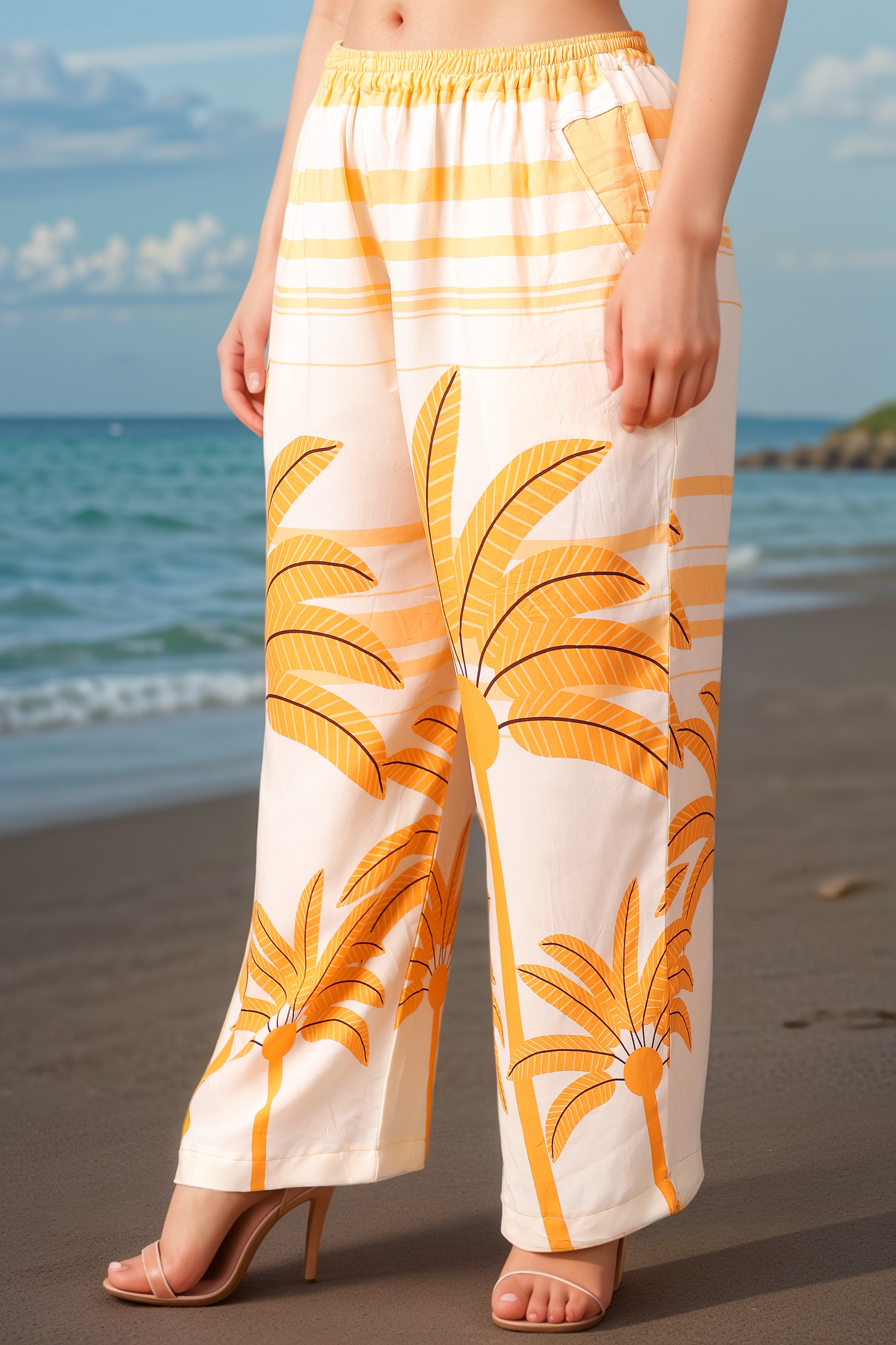 Peachy Palm Leaf Rayon Palazzo