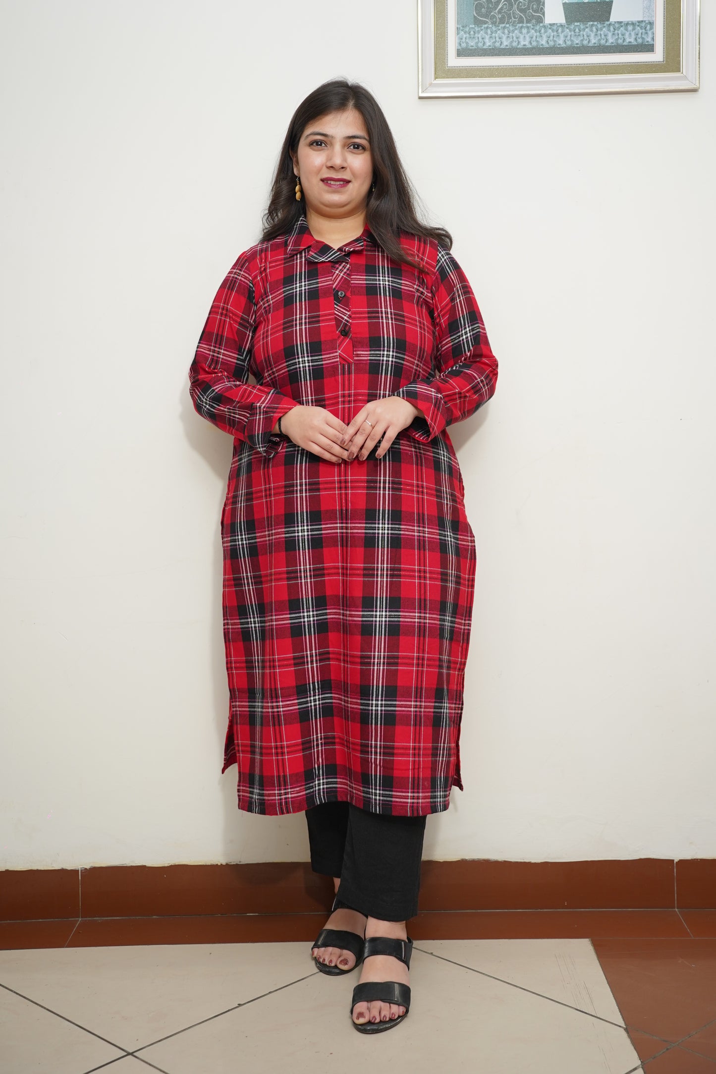 Fiery Red Checked Kurta Set