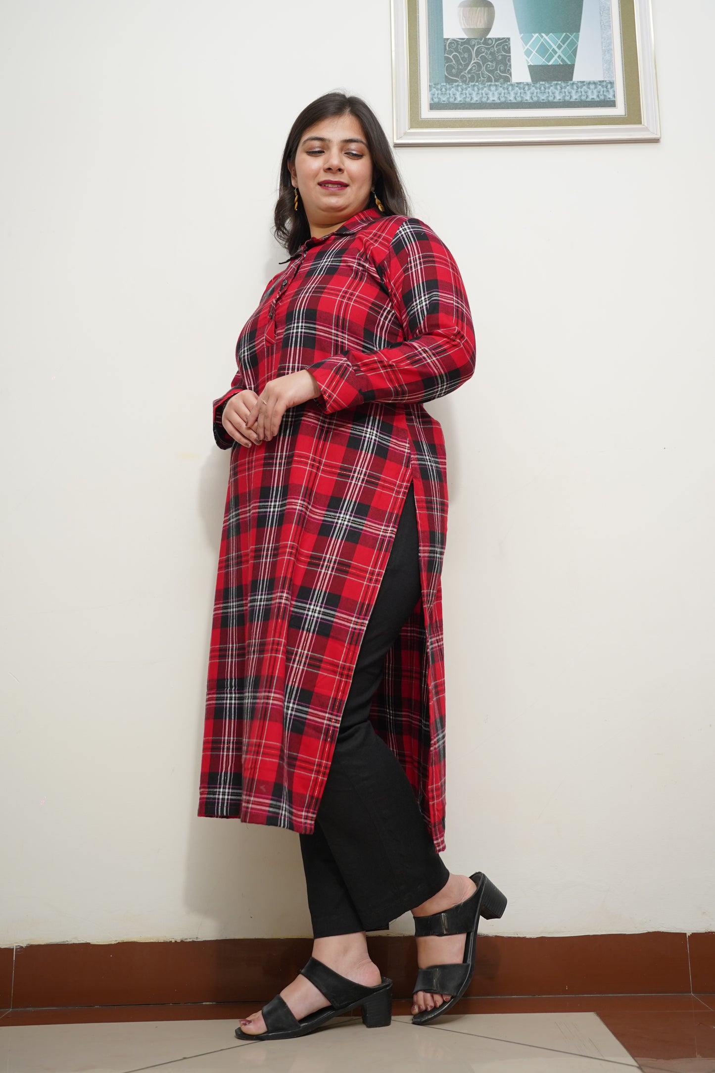 Fiery Red Checked Kurta Set