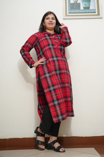 Fiery Red Checked Kurta Set